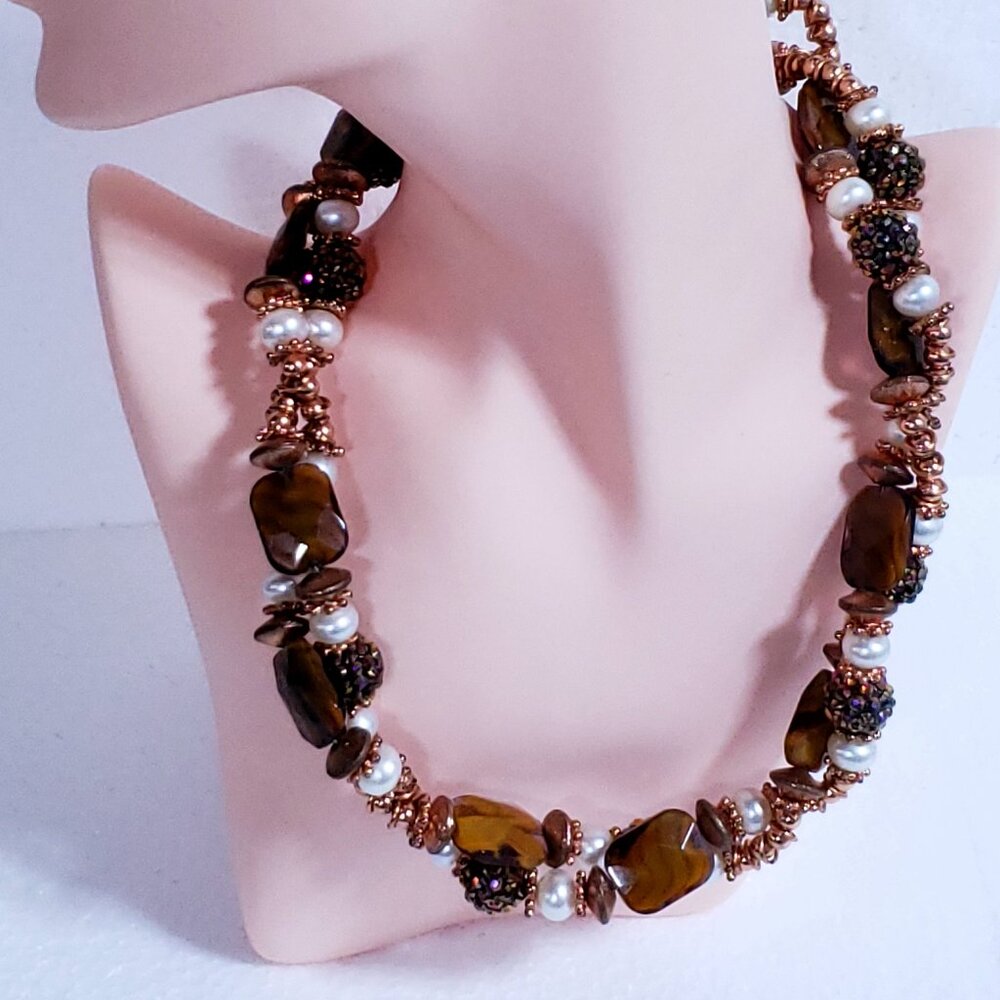 Long Copper,  Genuine Pearls & Glass Beaded Necklace